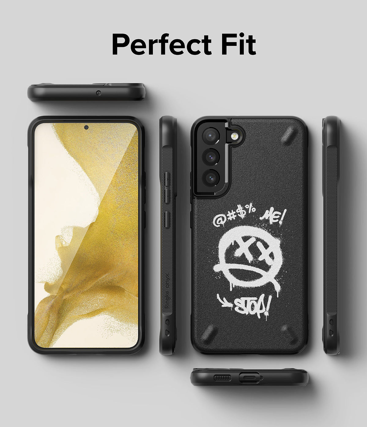 Galaxy S22 Plus Case | Onyx Design - Black phone case with white graffiti art showing multiple angles and a screen.