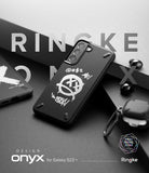 Galaxy S22 Plus Case | Onyx Design - Black phone case with white graffiti-style smiley face graphic and text.