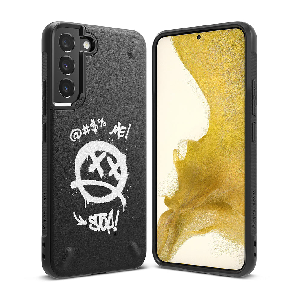 Galaxy S22 Plus Case | Onyx Design - Black phone case with white graffiti-style smiley face and text on a textured back.