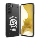 Galaxy S22 Plus Case | Onyx Design - Black phone case with white graffiti-style smiley face and text on a textured back.