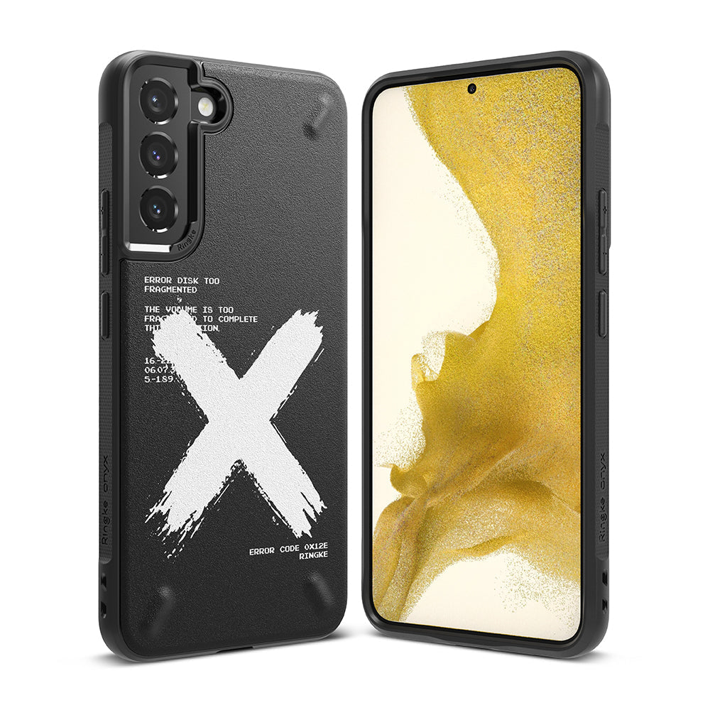 Galaxy S22 Plus Case | Onyx Design - Black phone case with a white brushstroke X and technical text on the back.