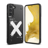 Galaxy S22 Plus Case | Onyx Design - Black phone case with a white brushstroke X and technical text on the back.