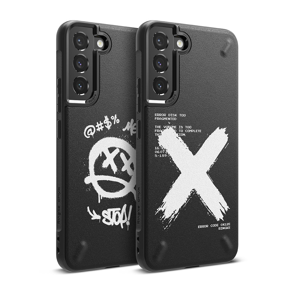 Galaxy S22 Plus Case | Onyx Design - Two black phone cases with white graffiti-style graphics and error code text.