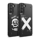 Galaxy S22 Plus Case | Onyx Design - Two black phone cases with white graffiti-style graphics and error code text.