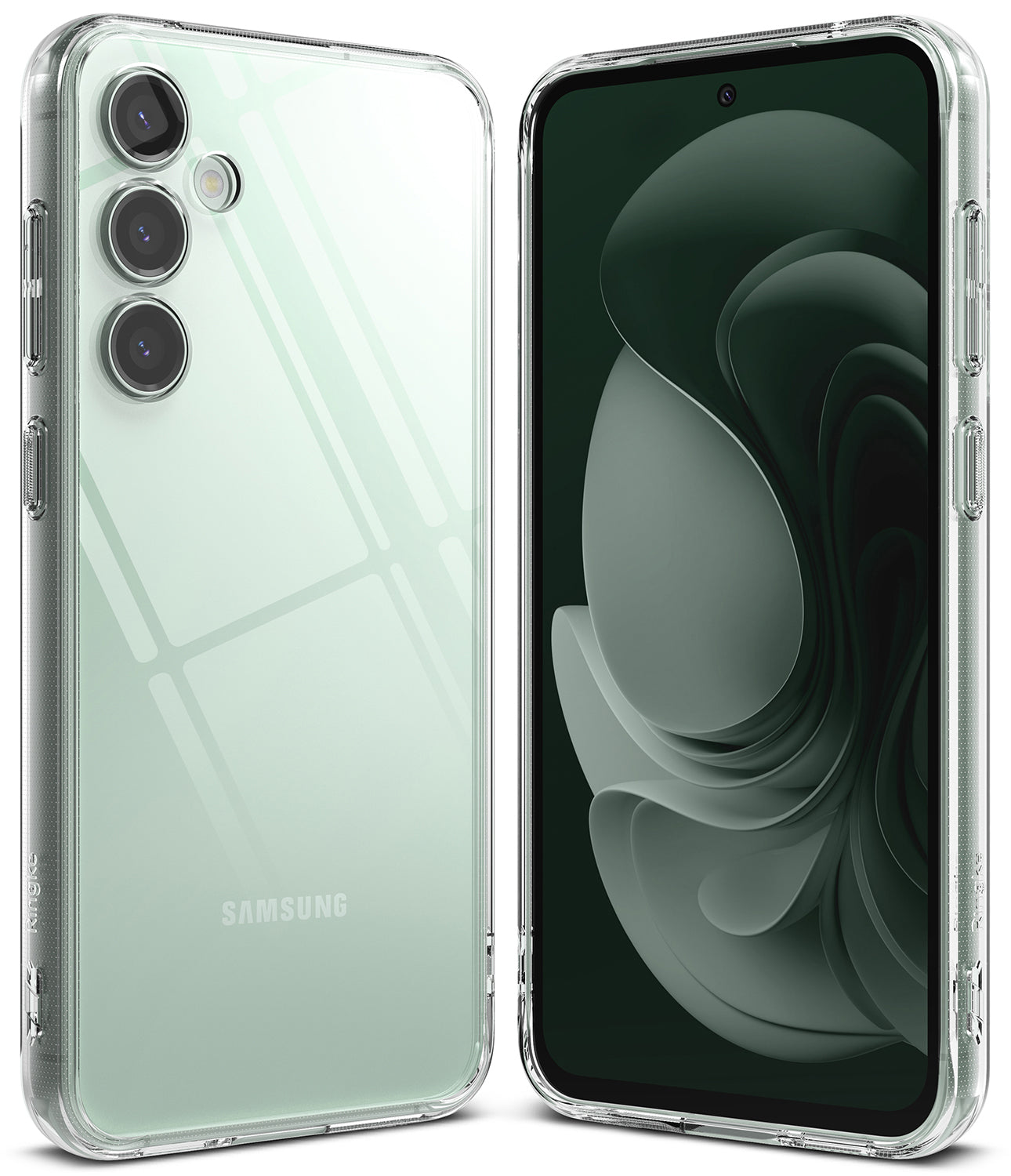 Galaxy S23 FE Case | Fusion - Clear protective case on a light green Samsung Galaxy S23 FE showing front and back views.