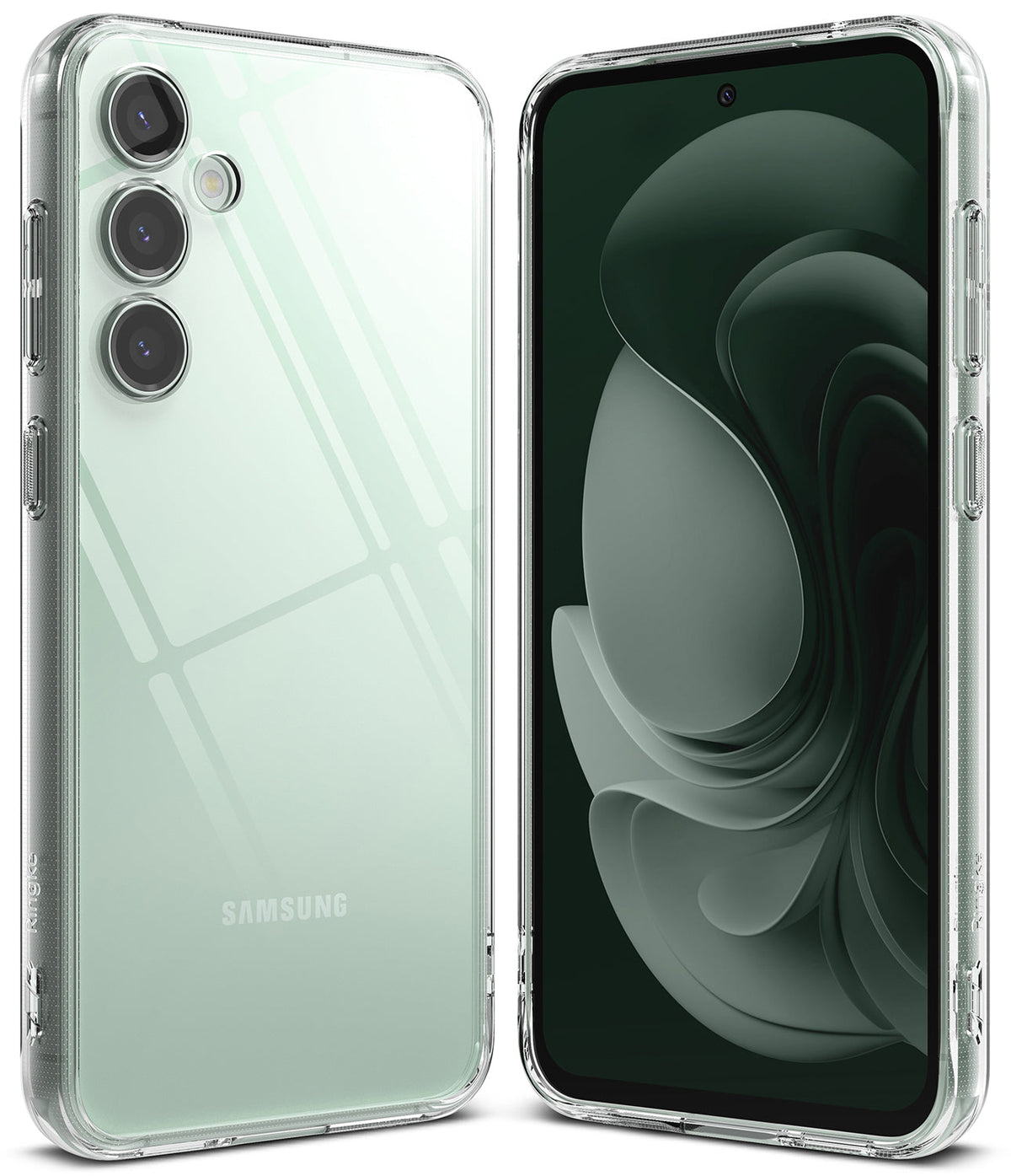 Galaxy S23 FE Case | Fusion - Clear protective case on a light green Samsung Galaxy S23 FE showing front and back views.
