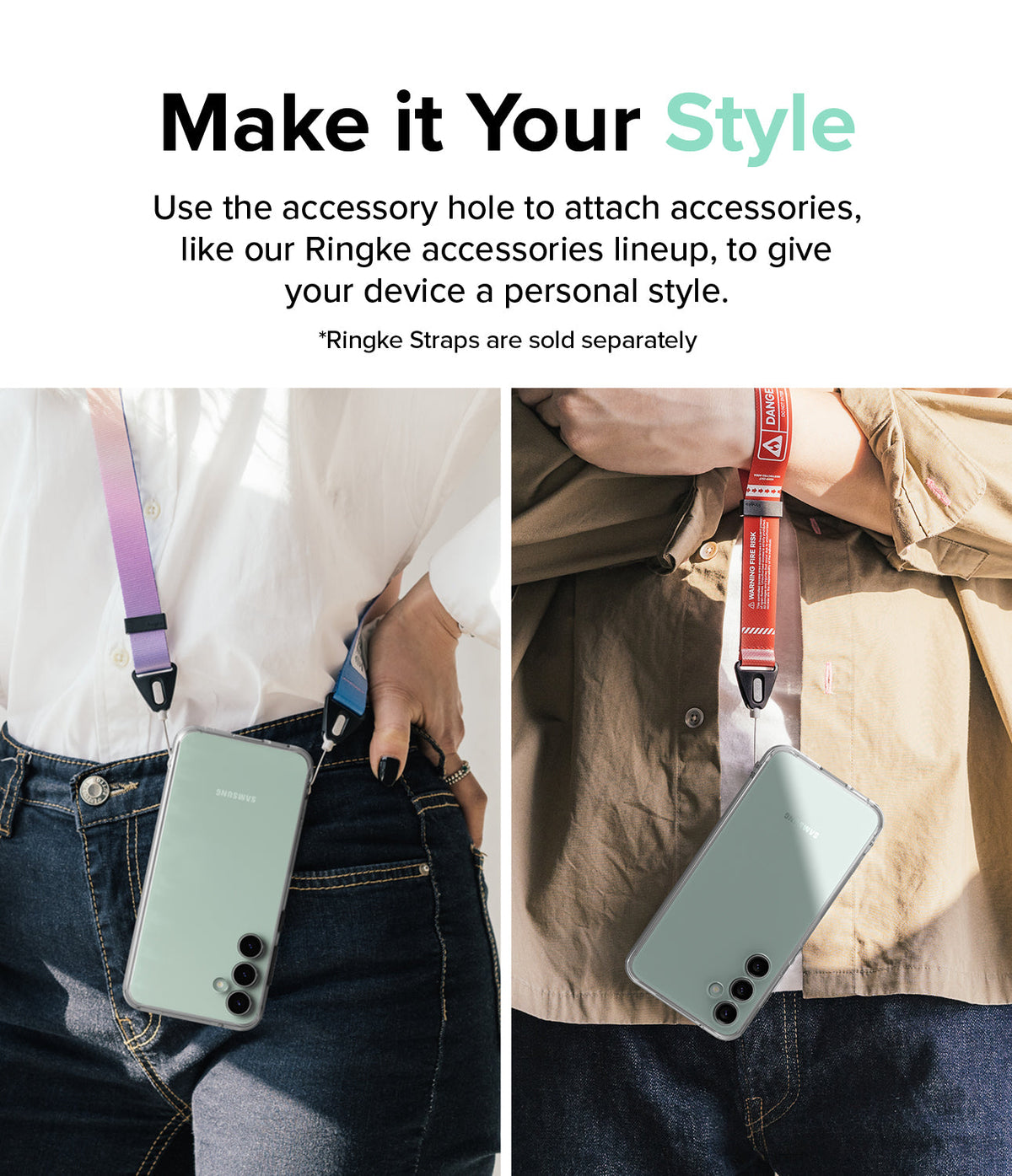 Galaxy S23 FE Case | Fusion - Two people wearing phones in clear cases around their necks using colorful accessory straps.
