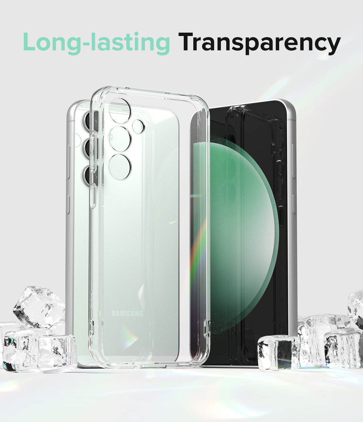 Galaxy S23 FE Case | Fusion - Clear protective phone case standing in front of a Galaxy S23 FE surrounded by ice cubes.