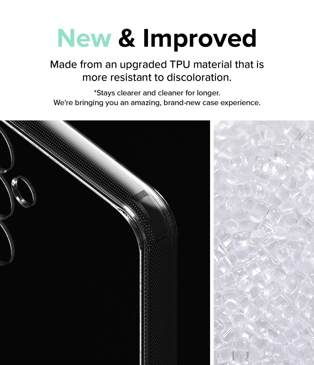 Galaxy S23 FE Case | Fusion - Clear phone case corner detail next to a pile of raw, transparent TPU material pellets.