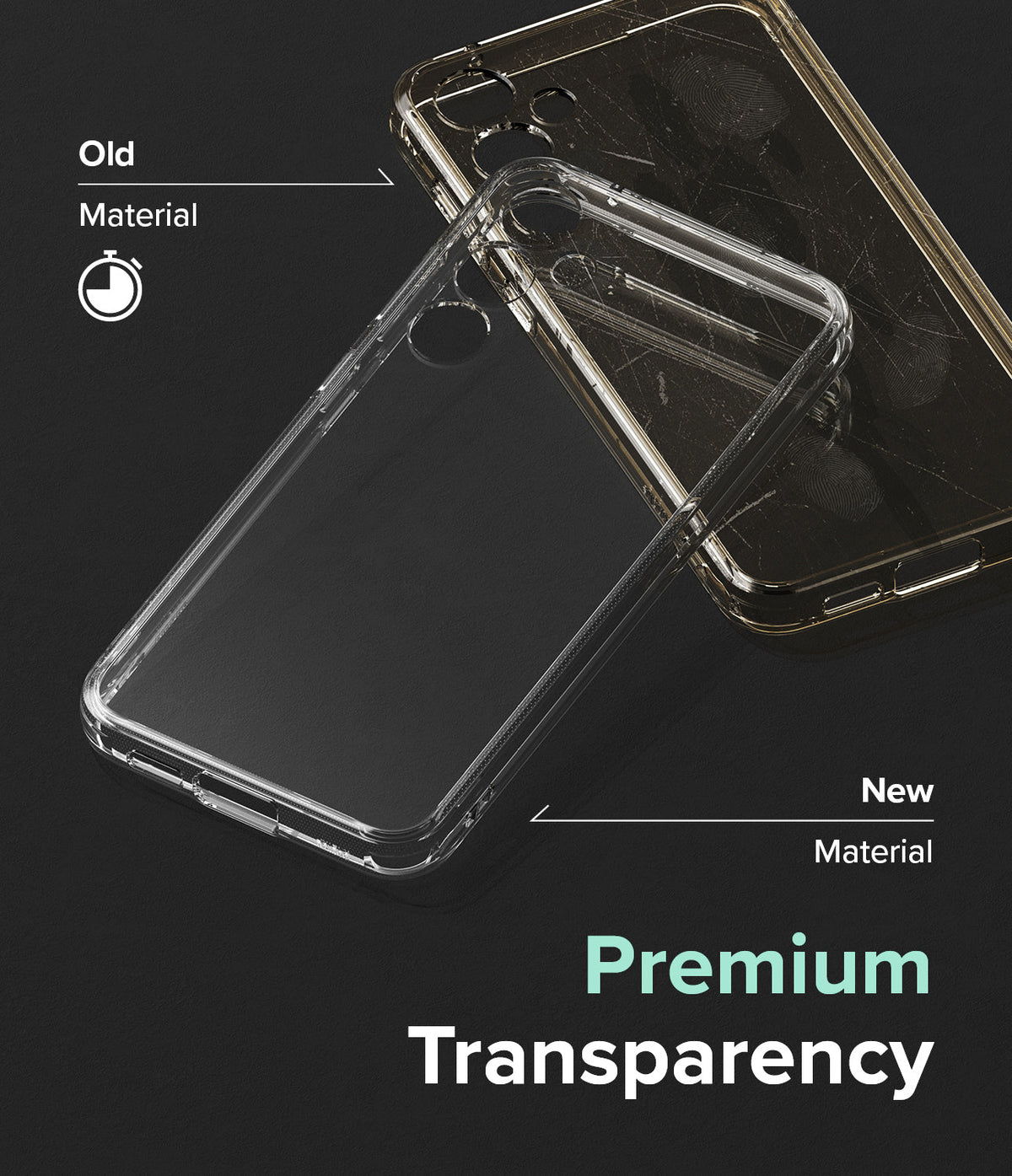 Galaxy S23 FE Case | Fusion - Comparison of a yellowed, scratched old phone case and a clear, new premium case.