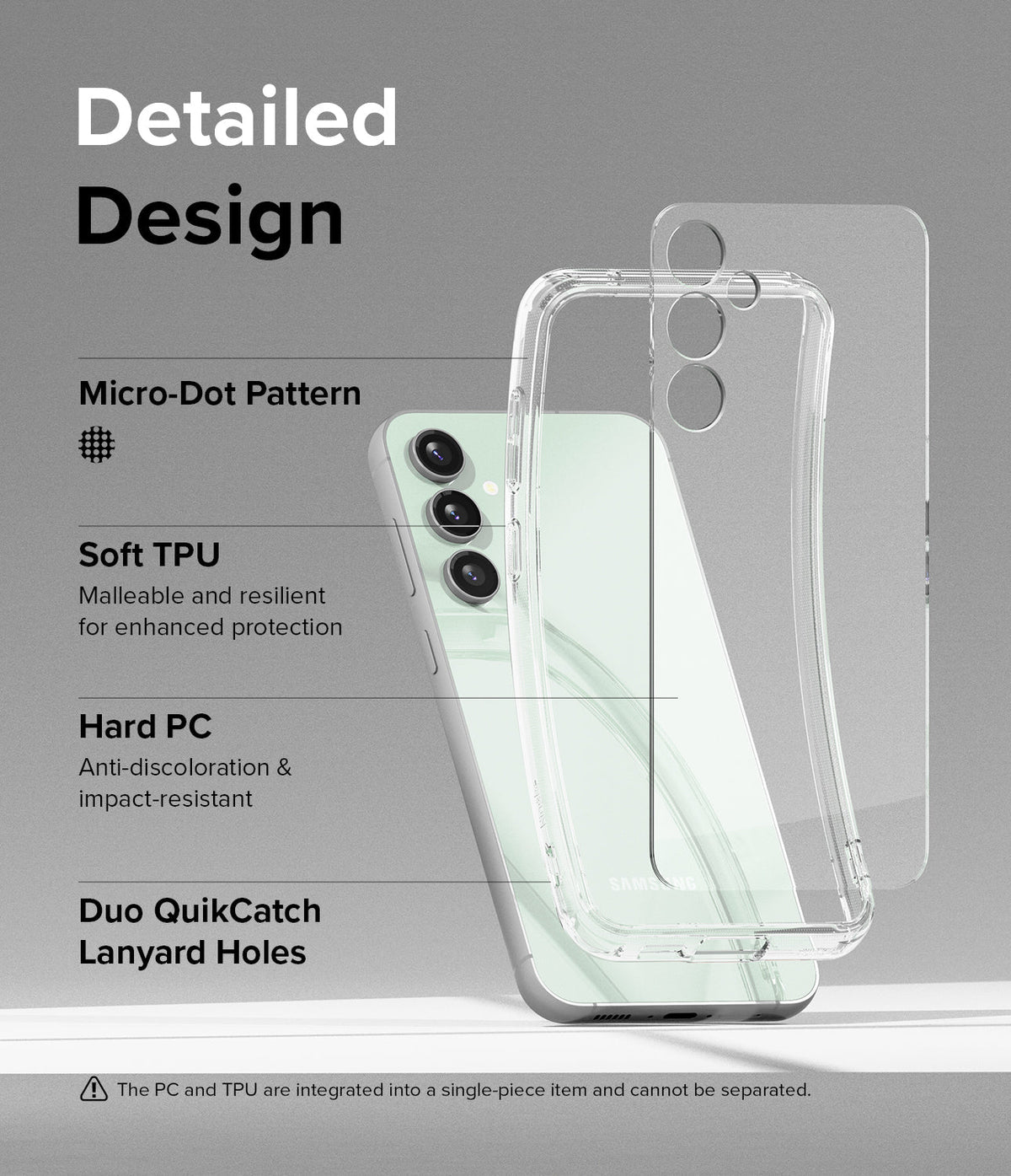 Galaxy S23 FE Case | Fusion - Exploded view of a clear phone case highlighting TPU, PC, and lanyard hole features.