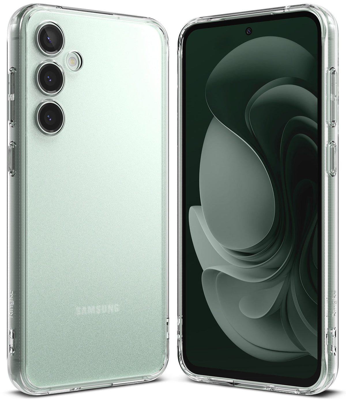 Galaxy S23 FE Case | Fusion - Clear protective case on a mint green Galaxy S23 FE showing front and back views.