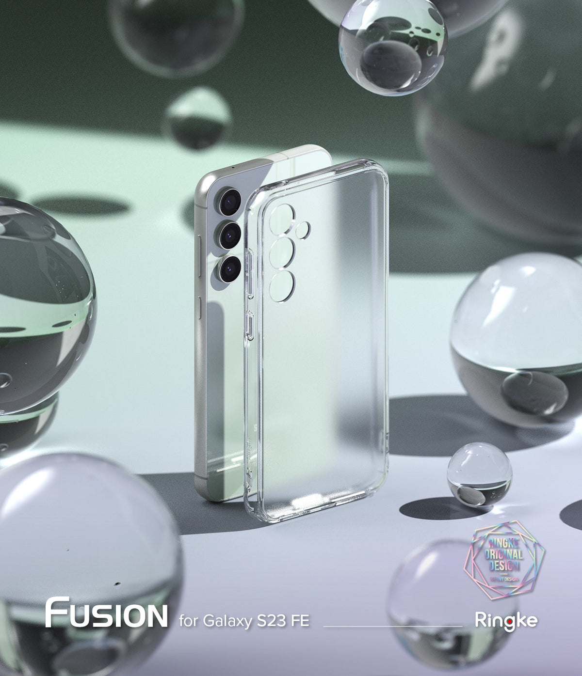 Galaxy S23 FE Case | Fusion - Clear phone case standing next to a Galaxy S23 FE phone amidst floating glass spheres.
