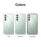 Galaxy S23 FE Case | Fusion - Three Galaxy S23 FE phones in clear, matte clear, and smoke black Fusion cases.