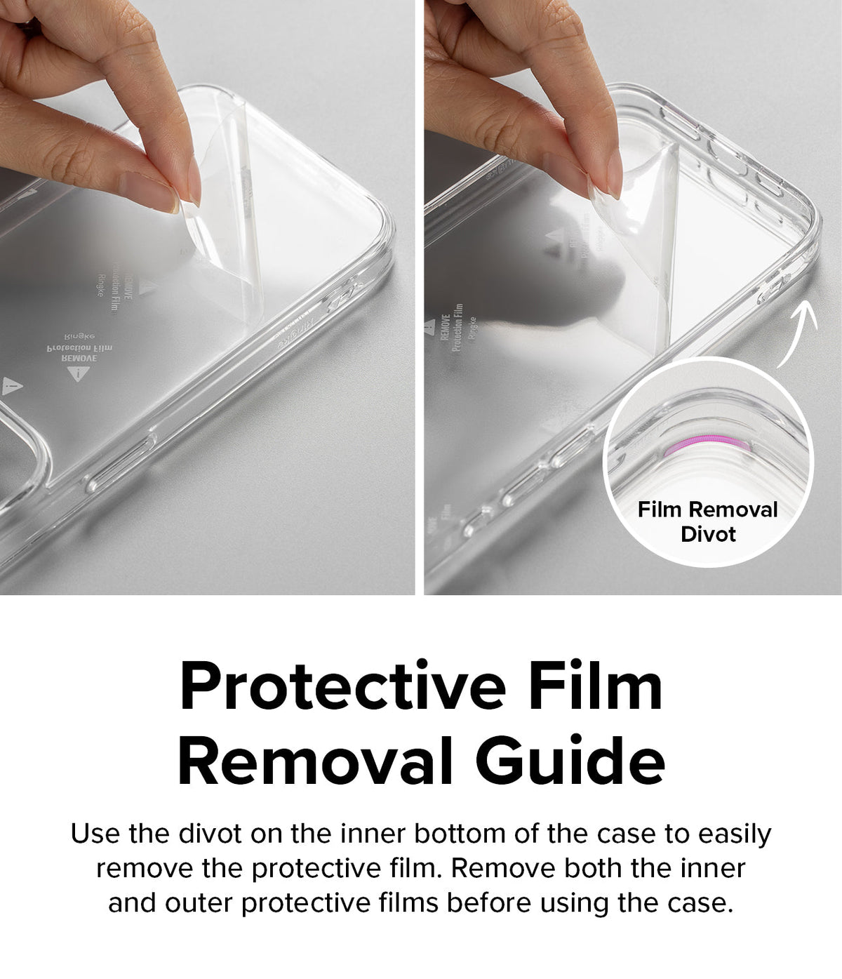 Galaxy S23 FE Case | Fusion - Hands peeling protective film from a clear phone case, highlighting a removal divot.