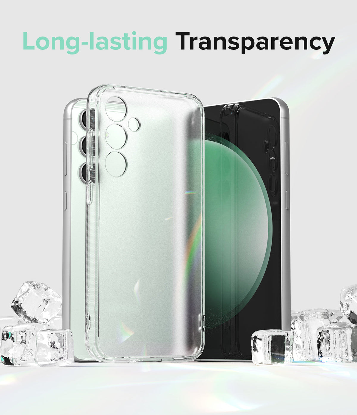 Galaxy S23 FE Case | Fusion - Clear phone case standing in front of a smartphone surrounded by ice cubes.
