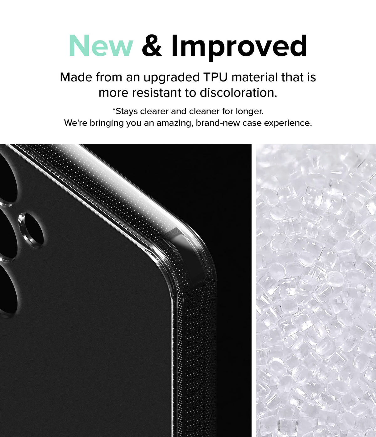 Galaxy S23 FE Case | Fusion - Close-up of a clear phone case corner next to a pile of raw TPU plastic pellets.