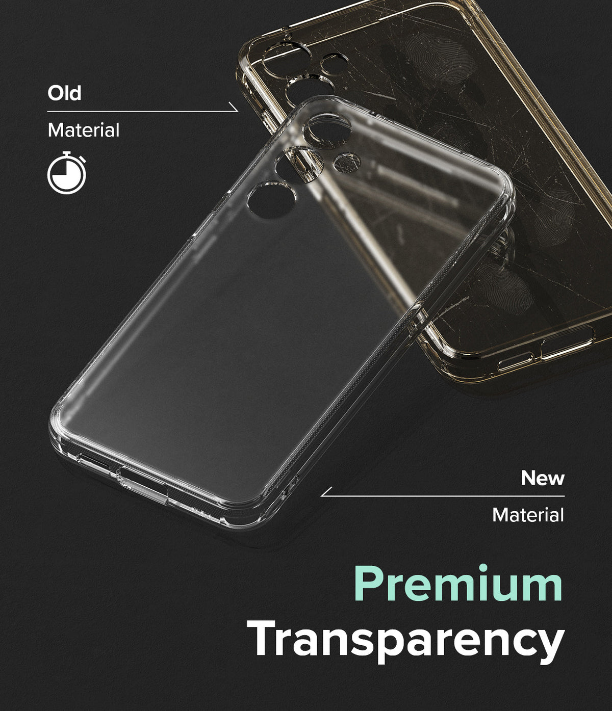 Galaxy S23 FE Case | Fusion - Comparison of a yellowed old phone case and a clear new case highlighting premium transparency.