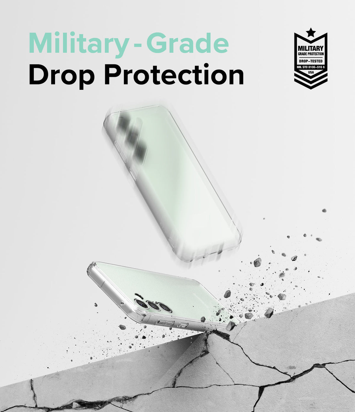 Galaxy S23 FE Case | Fusion - Clear phone case bouncing off a cracked concrete surface with military-grade protection badge.