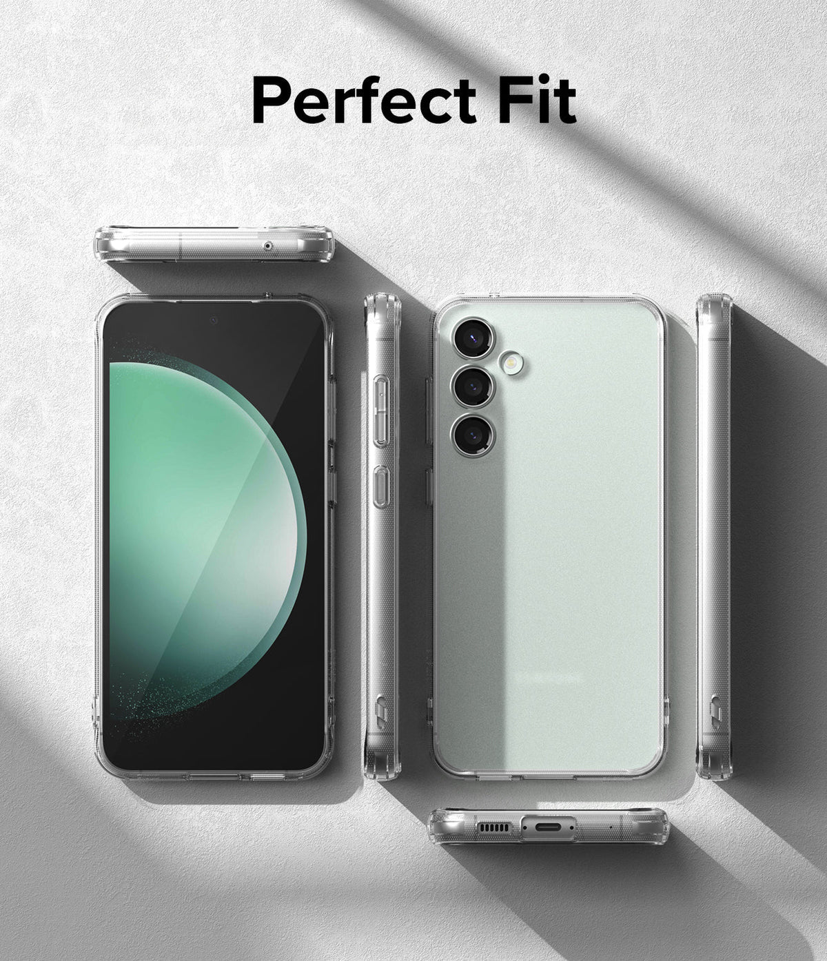 Galaxy S23 FE Case | Fusion - Clear phone case shown from multiple angles around a Galaxy S23 FE on a textured surface.