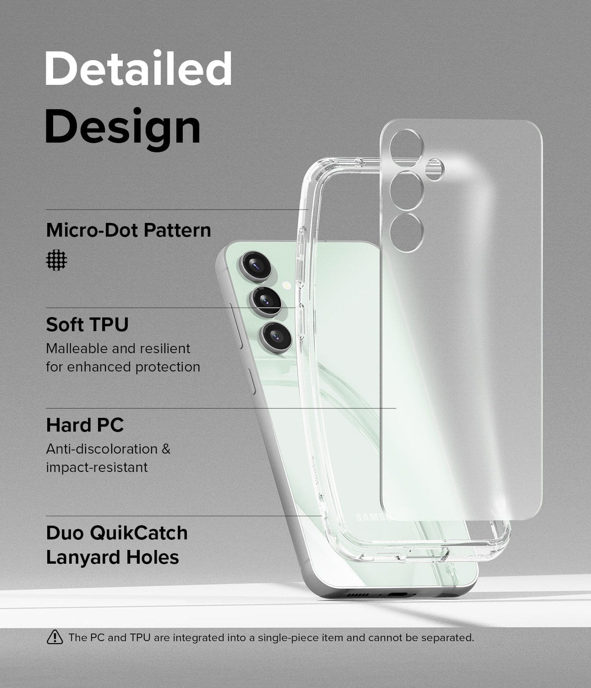 Galaxy S23 FE Case | Fusion - Exploded view of a clear phone case showing TPU and PC layers over a light green phone.