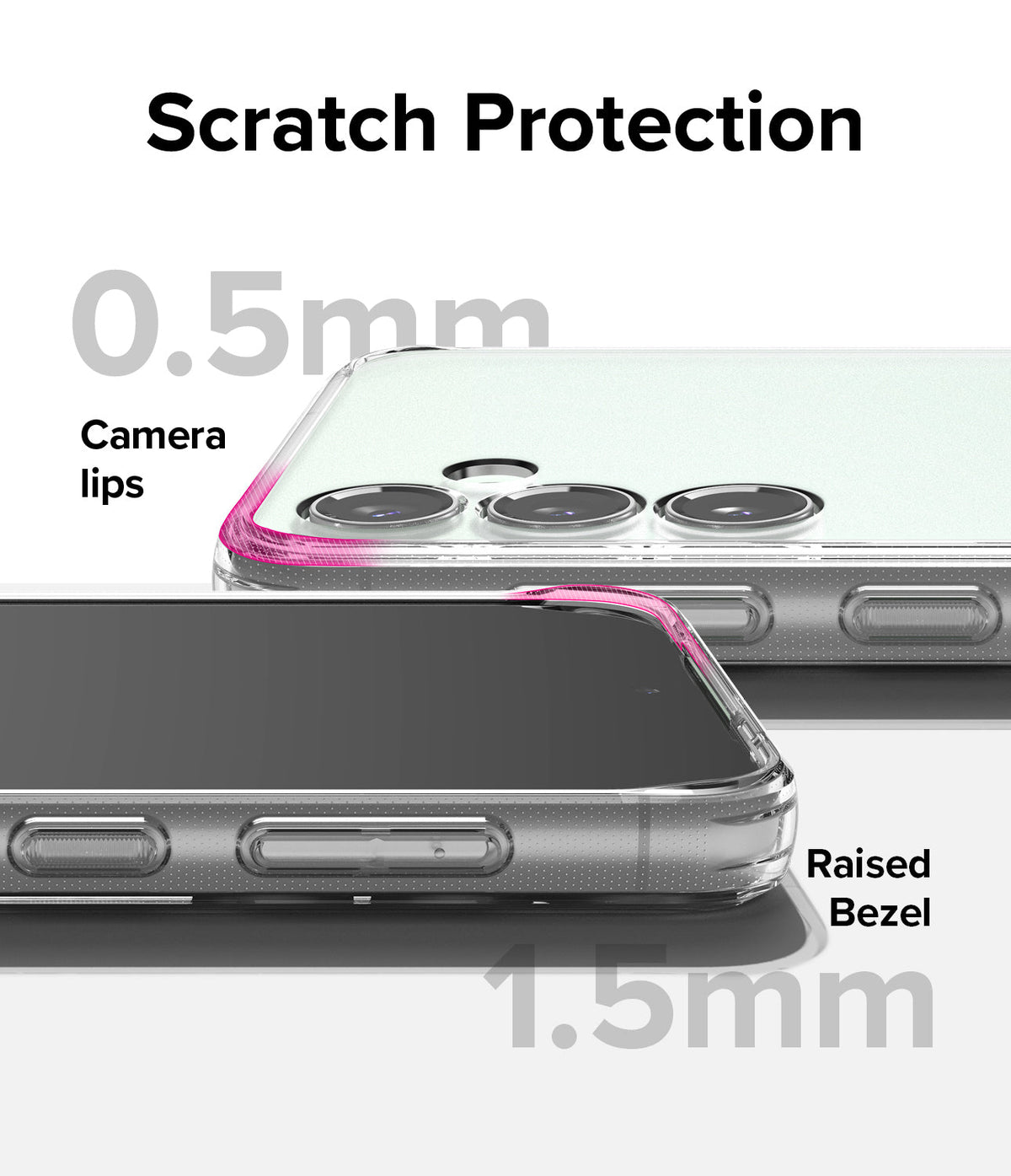 Galaxy S23 FE Case | Fusion - Close-up of phone case highlighting 0.5mm camera lips and 1.5mm raised screen bezel.