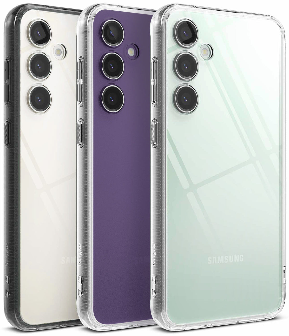 Galaxy S23 FE Case | Fusion - Three Galaxy S23 FE phones in white, purple, and mint, each wearing a clear protective case.