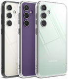 Galaxy S23 FE Case | Fusion - Three Galaxy S23 FE phones in white, purple, and mint, each wearing a clear protective case.