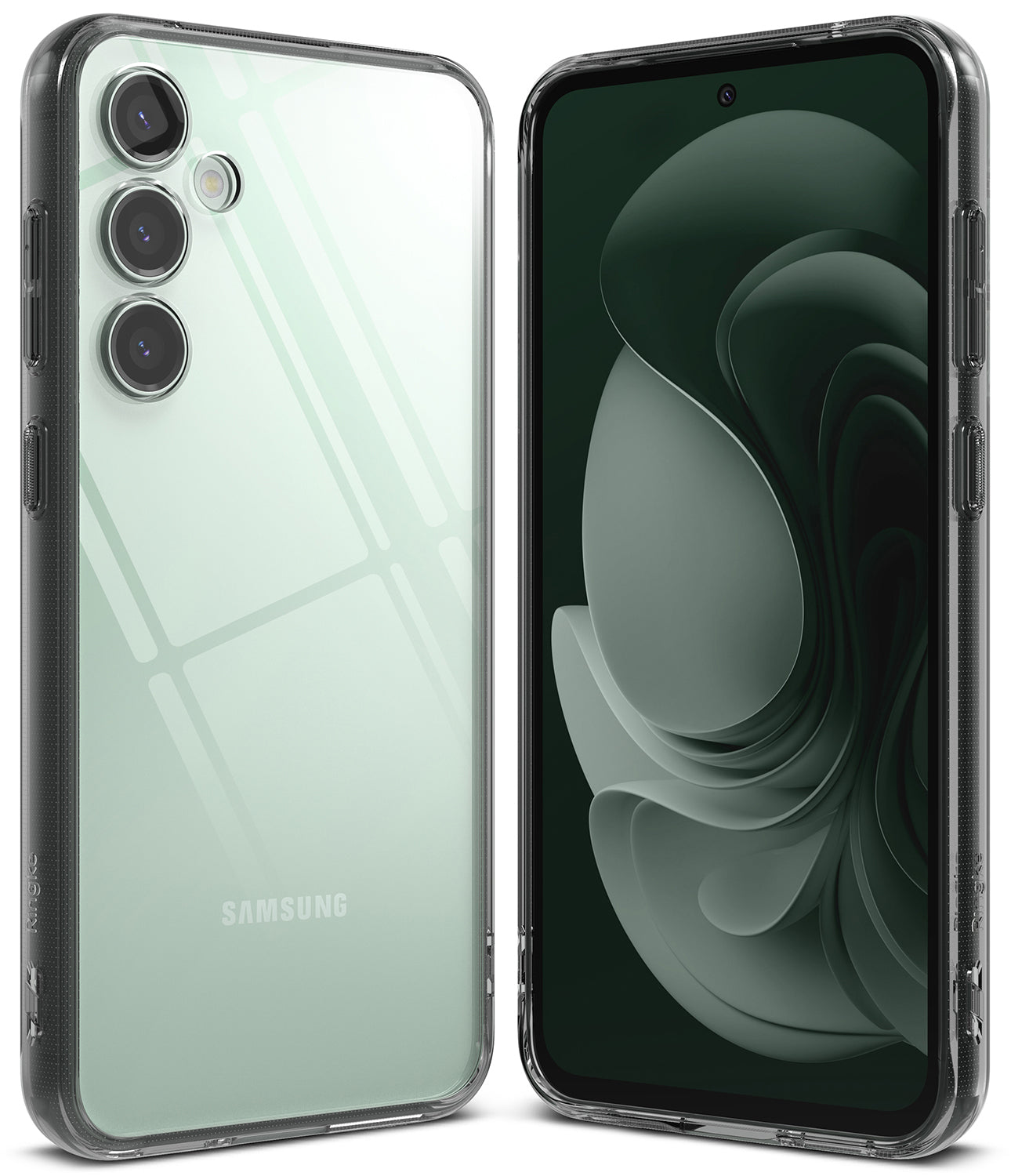 Galaxy S23 FE Case | Fusion - A mint green Samsung Galaxy S23 FE in a clear, protective Ringke Fusion case, front and back view.
