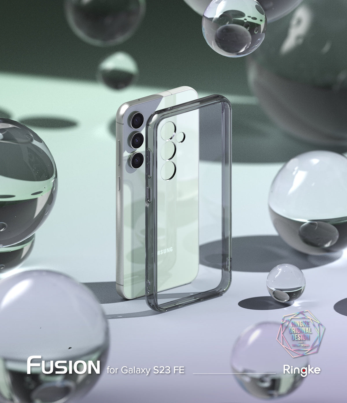 Galaxy S23 FE Case | Fusion - A light green smartphone standing behind a transparent black protective case amidst glass orbs.