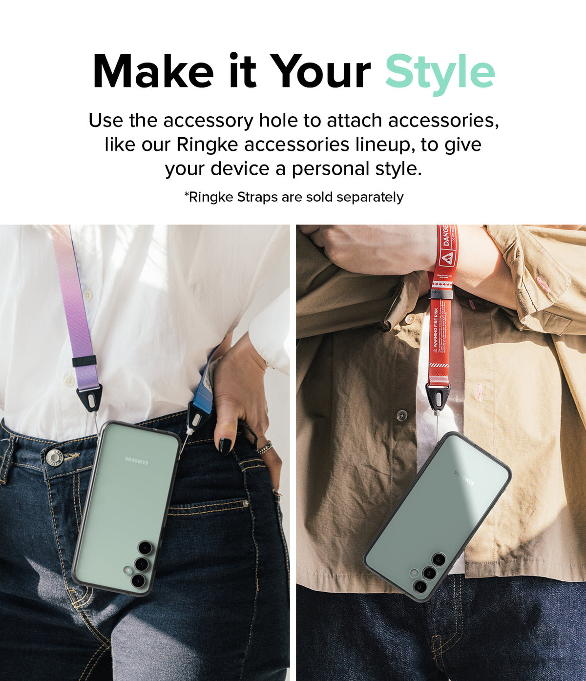 Galaxy S23 FE Case | Fusion - Two people wearing Galaxy S23 FE phones on colorful lanyards attached to the case accessory hole.