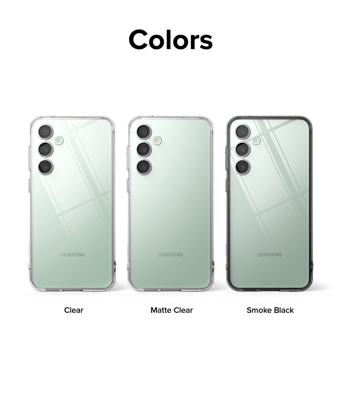 Galaxy S23 FE Case | Fusion - Three Galaxy S23 FE phones in Clear, Matte Clear, and Smoke Black cases against a white background.