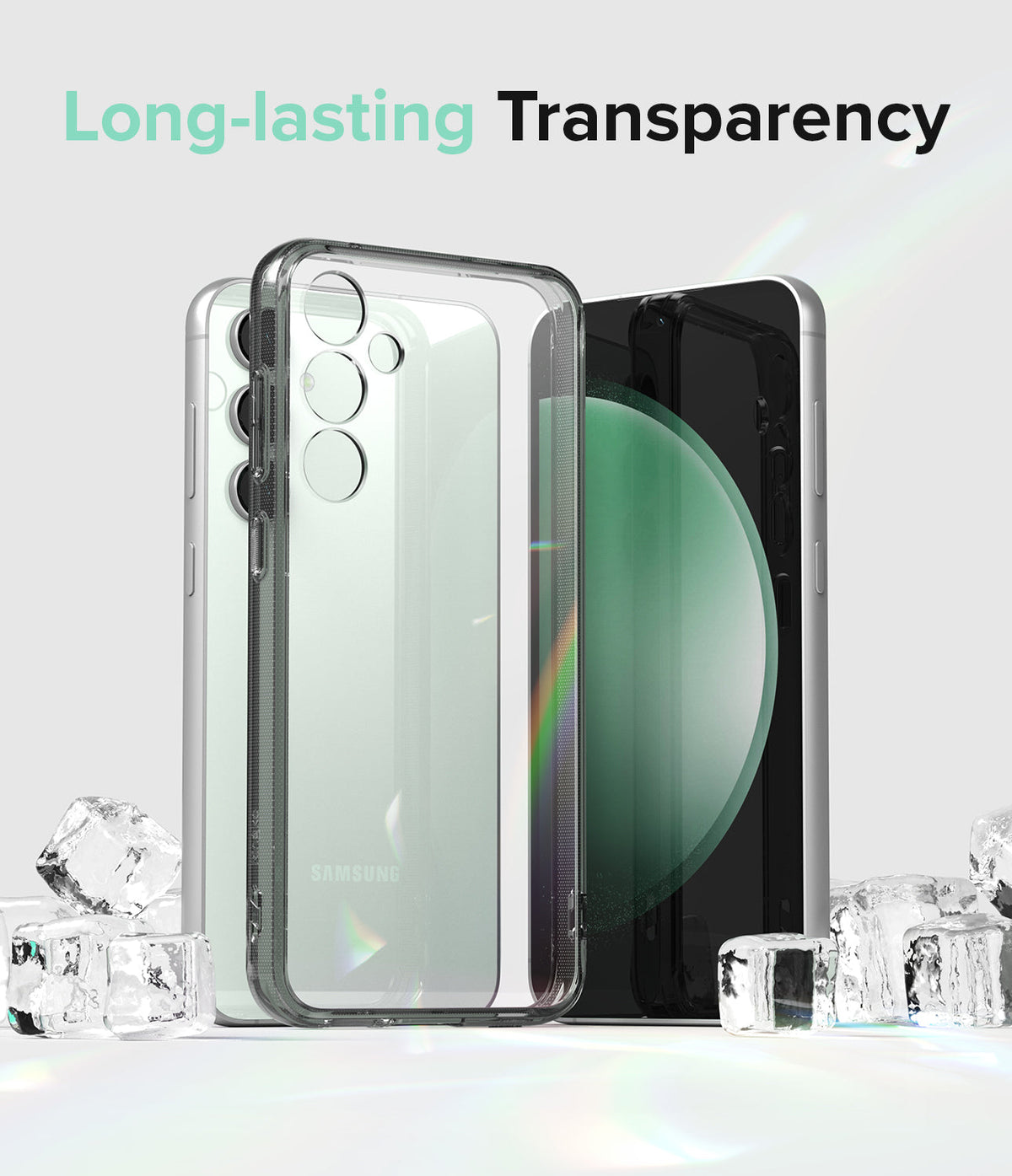 Galaxy S23 FE Case | Fusion - Clear phone case with black frame surrounding a smartphone, set against ice cubes on a white background.