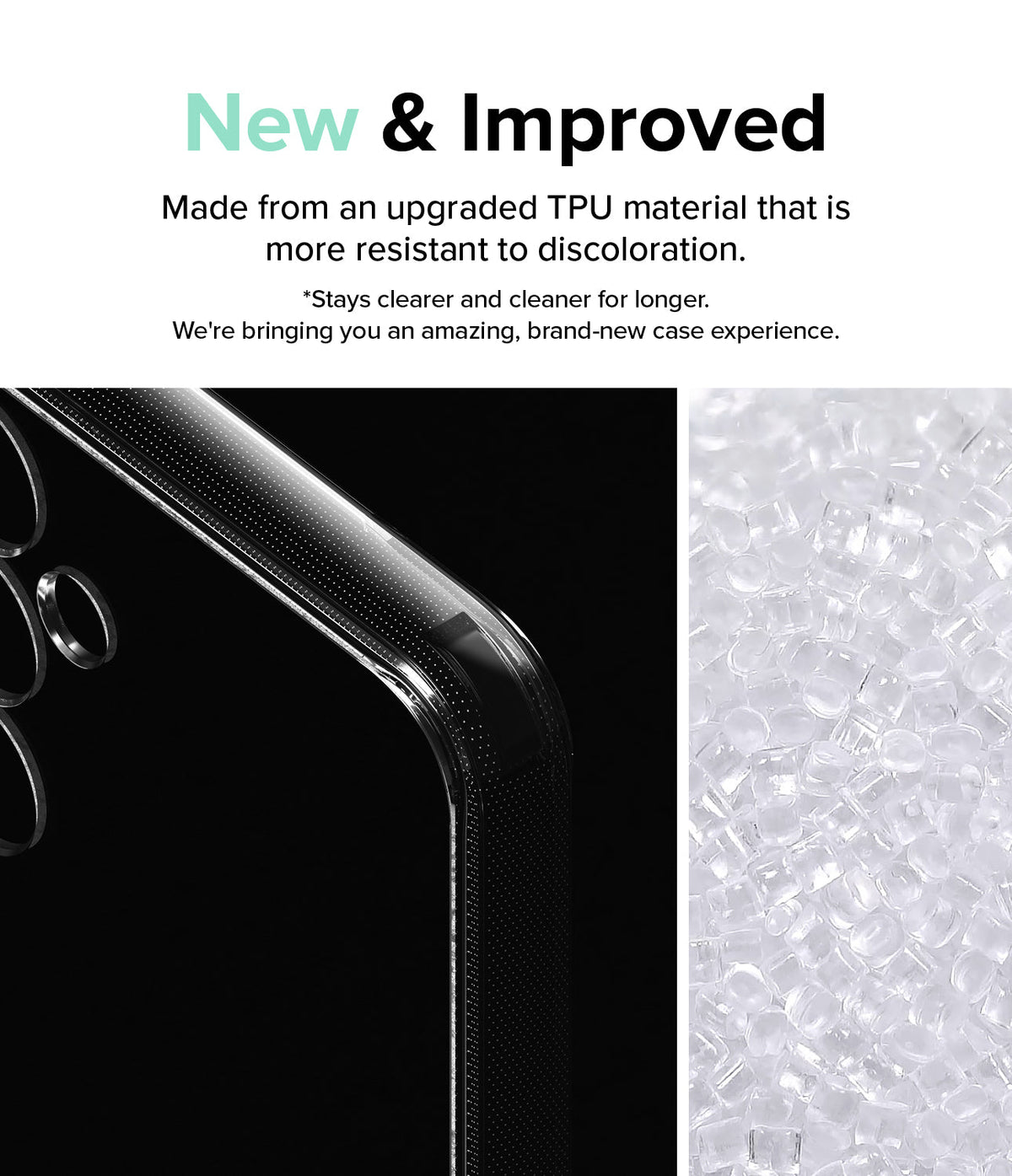 Galaxy S23 FE Case | Fusion - Close-up of a clear phone case corner with micro-dot texture next to raw TPU material pellets.