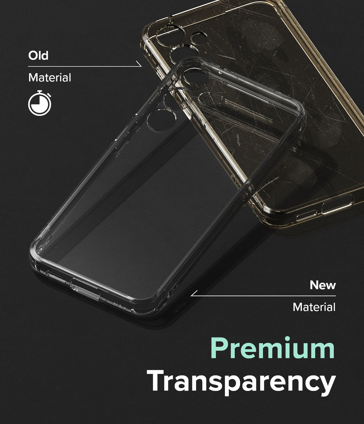 Galaxy S23 FE Case | Fusion - Comparison of a scratched old phone case and a clear new case with premium transparency.
