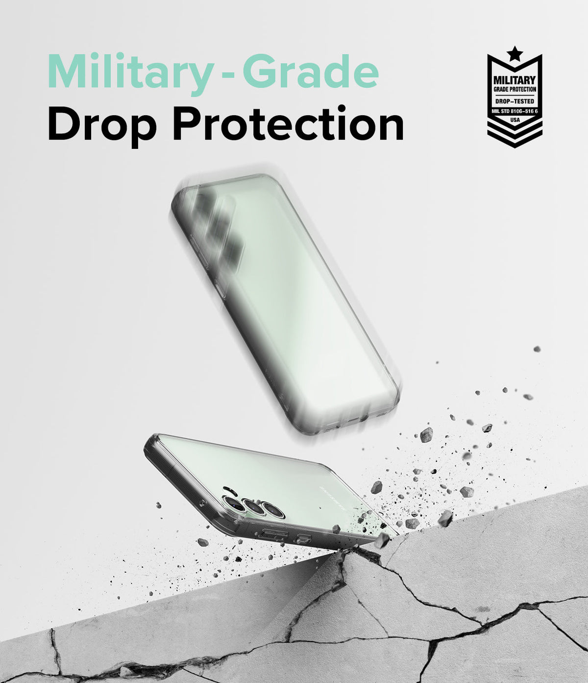 Galaxy S23 FE Case | Fusion - Phone in a clear case impacting a concrete surface with debris and military-grade certification.