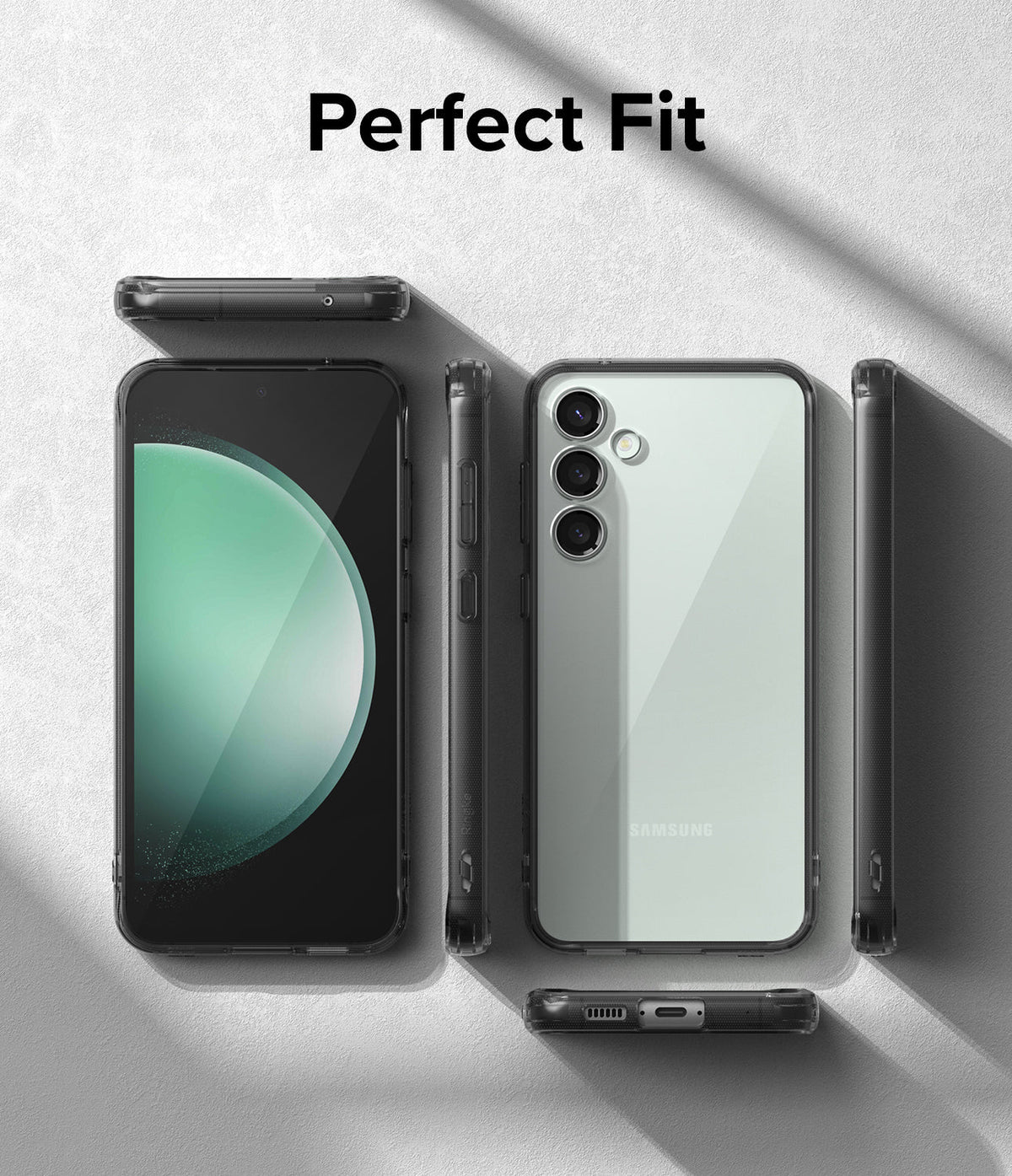 Galaxy S23 FE Case | Fusion - Front and back views of a Samsung phone in a clear protective case with black edges.