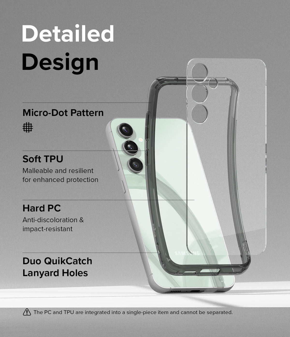 Galaxy S23 FE Case | Fusion - Exploded view of a phone case highlighting TPU, hard PC, and micro-dot design features.
