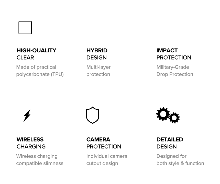 Galaxy S23 FE Case | Fusion - Icons and text highlighting clear hybrid design, drop protection, and wireless charging.