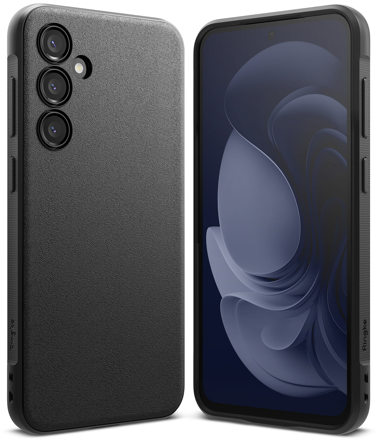 Galaxy S23 FE Case | Onyx - Matte black textured phone case shown from back and front views with a dark abstract wallpaper.