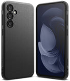 Galaxy S23 FE Case | Onyx - Matte black textured phone case shown from back and front views with a dark abstract wallpaper.