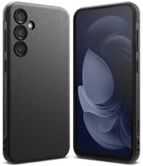Galaxy S23 FE Case | Onyx - Matte black textured phone case shown from back and front views with a dark abstract wallpaper.
