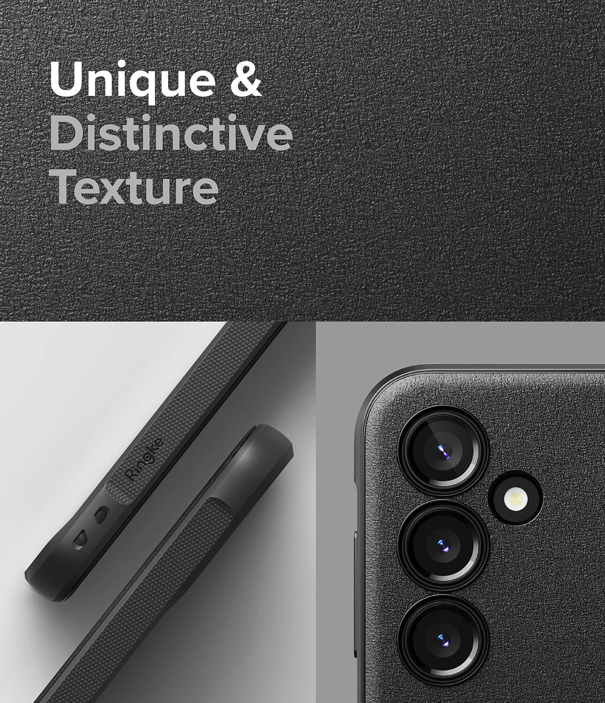 Galaxy S23 FE Case | Onyx - Black phone case with textured surface, side branding, and detailed triple camera cutout.