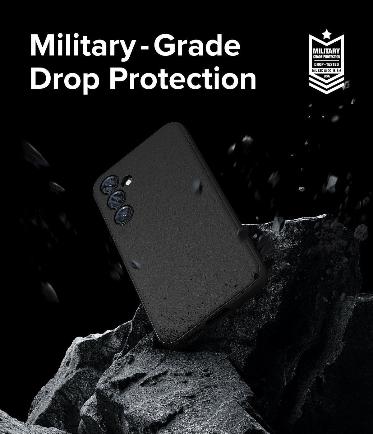 Galaxy S23 FE Case | Onyx - Black phone case floating above jagged rocks with debris, featuring military-grade drop protection text.