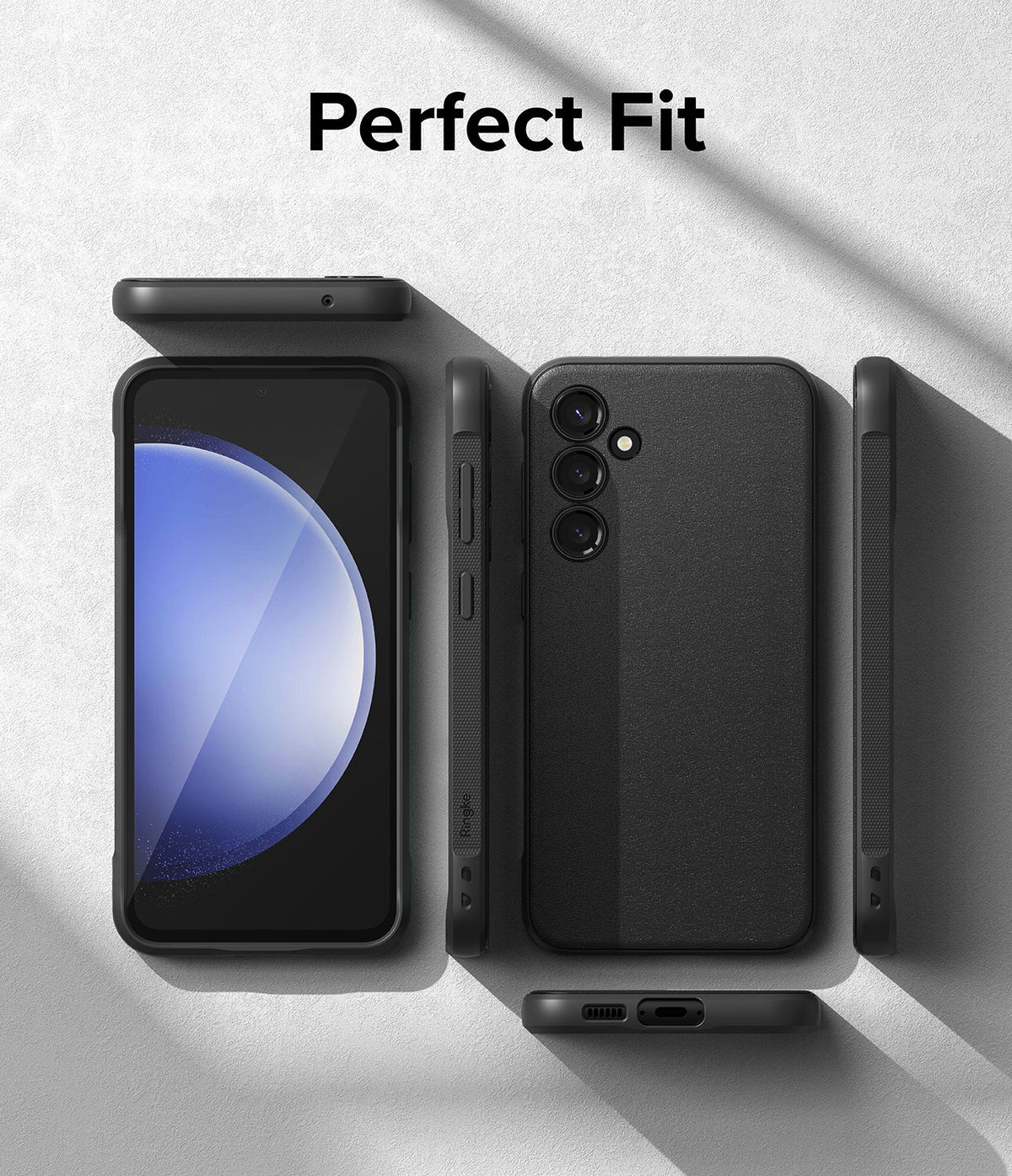 Galaxy S23 FE Case | Onyx - Multiple views of a black phone case showing front, back, and side profiles on a textured surface.