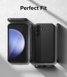 Galaxy S23 FE Case | Onyx - Multiple views of a black phone case showing front, back, and side profiles on a textured surface.