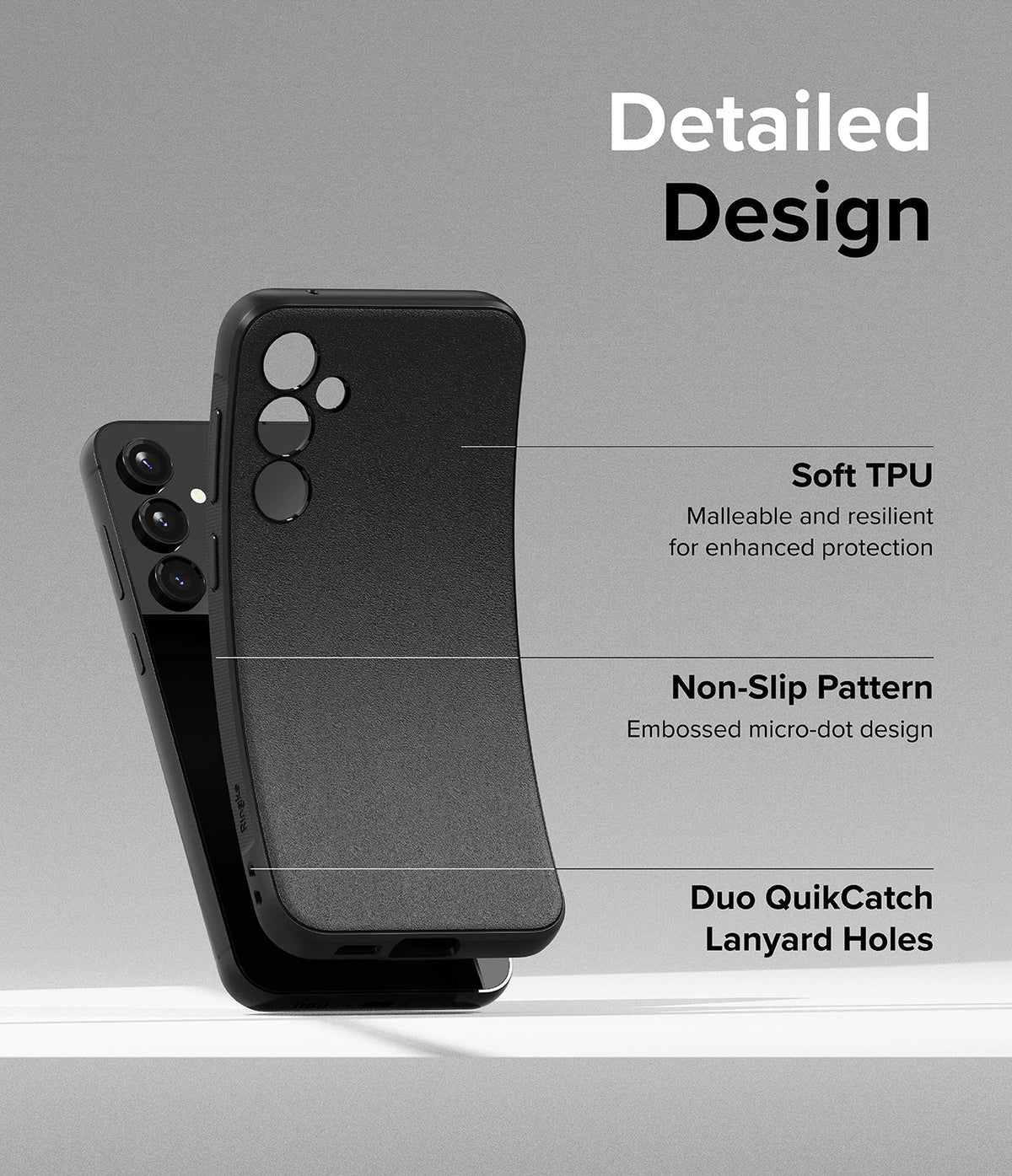 Galaxy S23 FE Case | Onyx - Black phone case highlighting soft TPU, non-slip micro-dot texture, and lanyard holes.
