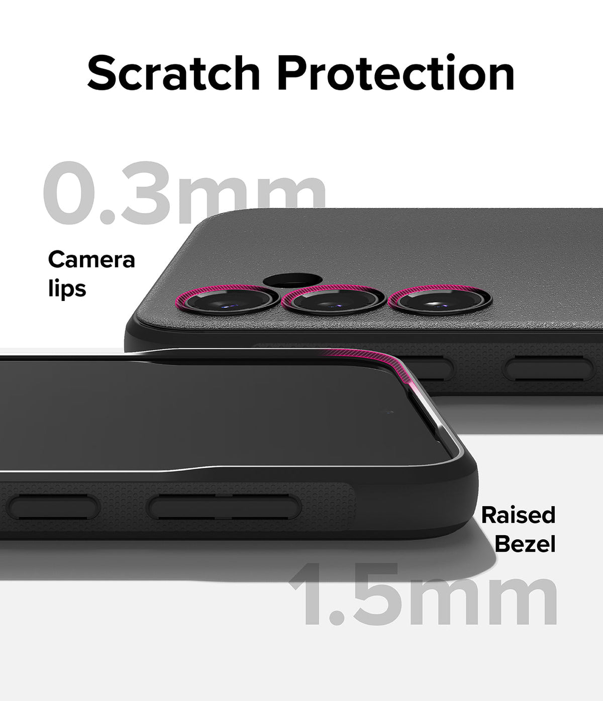 Galaxy S23 FE Case | Onyx - Black phone case showing 0.3mm camera lip and 1.5mm raised screen bezel for scratch protection.