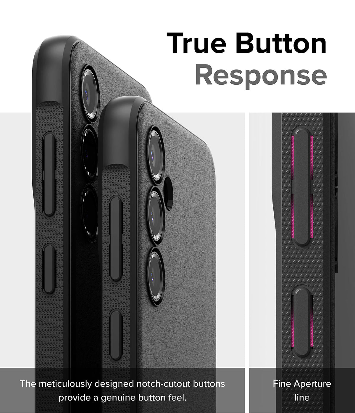 Galaxy S23 FE Case | Onyx - Close-up of black phone case buttons with precise cutouts for tactile response and aperture lines.
