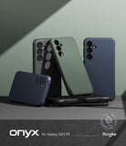 Galaxy S23 FE Case | Onyx - Multiple Galaxy S23 FE phones in Onyx cases of black, green, and blue arranged on a dark surface.